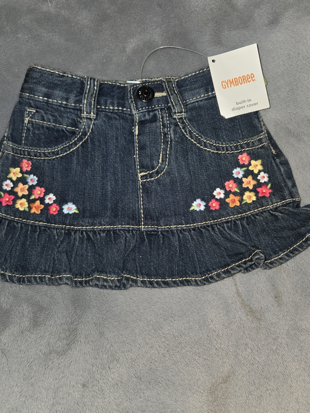 Gymboree Dark Denim Mini Skirt with Pink Yellow Orange Floral Embroidery SZ 3-6M